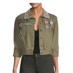 Alice + Olivia Green Chloe Embroidered Cropped Army Jacket